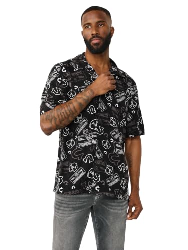 True Religion Men's Ticket All Over Print Camp Shirt, Black, M
