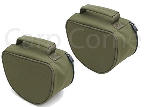 2X Deluxe Well Padded Carp Coarse Pike Sea Fishing Large Green Reel Cases/Bags with Grab Handles