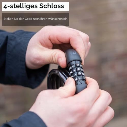 Cycling Zahlenschloss QuickCode Fahrradschloss für Rennrad MTB und Urban Cycling 4-Stellig Code Kombination Kabelschloss aus Gehärtetem Stahl 8mmx, Schwarz