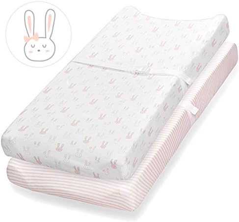 Changing Pad Cover, 2 Pack, 100% Jersey Cotton Sheets for Baby Girl, Pink Bunnies and Stripes by Consciously