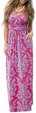 Liebeye Women Baroque Print Off Shoulder Strapless Maxi Dress Rose Red S