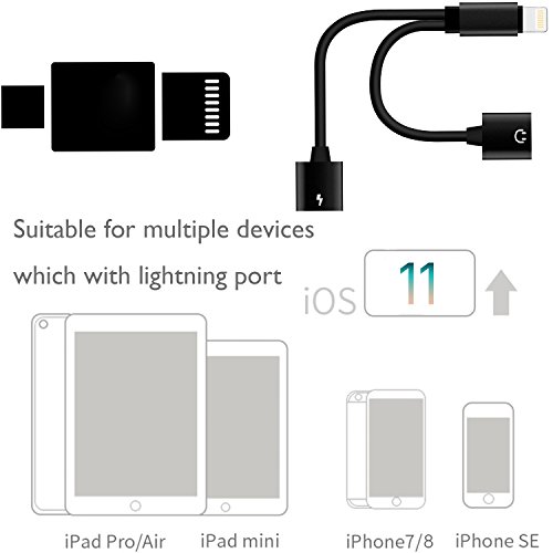 iPhone X Dual Lightning Adapter, DISDIM 2 in 1 Lightning to Lightning Headphone Jack Splitter and 8 Pin Charger Port Cable for iPhone X/ 8 /8+/7 / 7 Plus, iOS 11,Support Call and Music Control (Black) - Thumbnail 2
