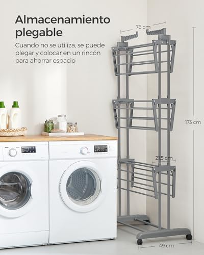 SONGMICS Tendedero, Tendedero Plegable de 4 Niveles, Asas Plegables, con Ruedas, 63.5 x 128 x 173 cm, Interior y Exterior, Gris MLLR701G01