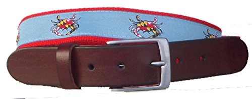 No27 Mens Maryland Crab Leather Belt, Leather Tab and Buckle, Maryland Flag and Crab Leather Belt on Red Webbing