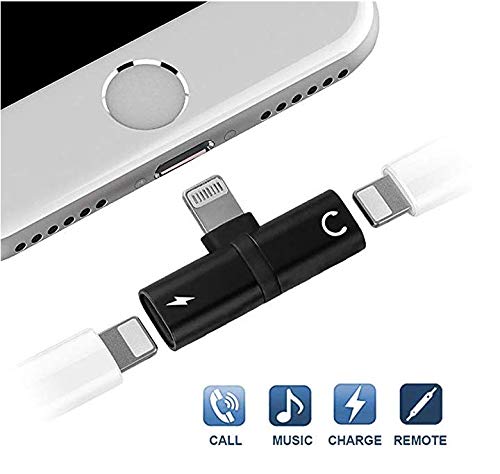 Headphone Adapter for iPhone X/XS/XS MAX/XR/8/ 8Plus/ 7/7 Plus Headset Adaptor Splitter Mini Earphone Connector Convertor 2 in 1 Accessories Cables Call Charge Music Wire Control – Black