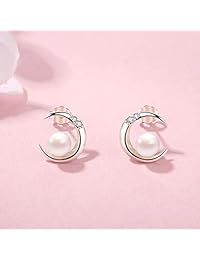 MEGA - Pendientes de plata de ley 925 con perlas blancas de agua dulce y luna