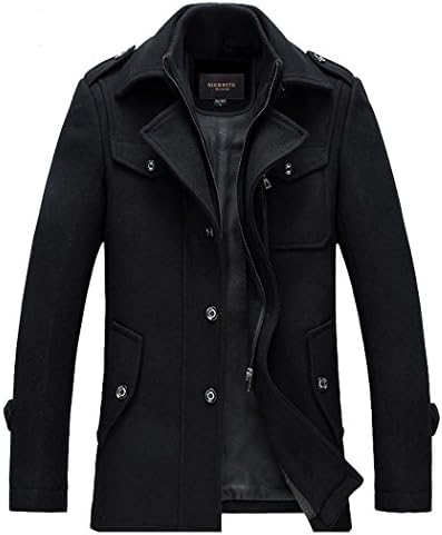 Guandoo Men's Winter Slim Fit Wool Coat Jacket Stand Collar Overcoat Mid Long (2XL, Black)