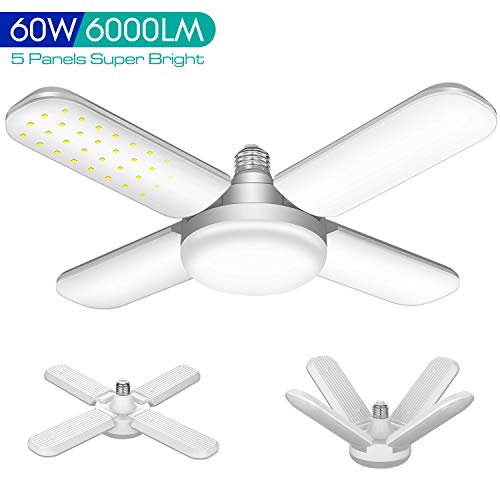 60W Deformable LED Garage Light, 6000LM E26 LED Garage Ceiling Lights with 4 Adjustable Panels, LED Shop Lights for Garage, Warehouse, Basement, Barn Light (60W)