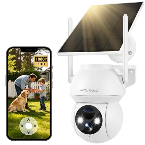 WOLFANG Solar Security Camera 1080P Outdoor WiFi PTZ Camera 360° (2.4G Only), PIR Motion Detection, Color Night Vision, Two-Way Audio, IP65, Works with Alexa