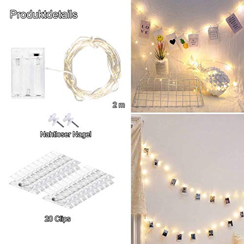 aifulo LED Foto Lichterkette,Foto Clip Lichterketten 2M 20 LED Warmes Gelb ，LED Fotoclips Lichterkette Dient zum Dekorieren von Zimmern, Wohnzimmern, Weihnachten, Hochzeiten und Partys-Batteriebetrieb