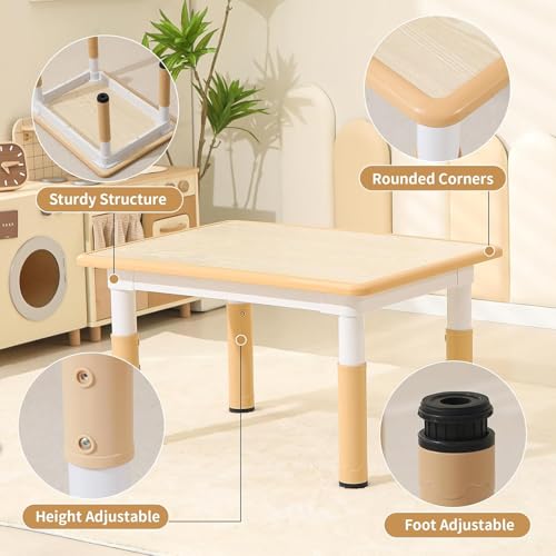Kids Table and 2 Chairs Set, Height-Adjustable Toddler and Desk and Chair, Children Activity Graffiti Desktop for Classroom Daycare Home, 3-Piece Set Yellow Beige