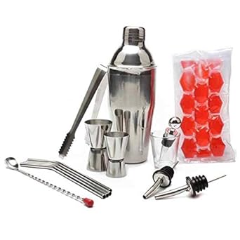 Okayji Stainless Steel Bartender Barware Ice Bag hot Wine Glass Cocktail Shaker Set Bar Tool, 14- Pieces