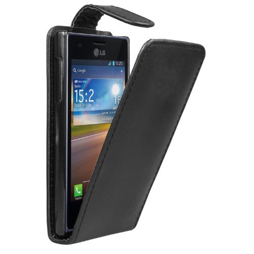 Black PU Leather Vertical Case for LG E610 Optimus L5 - High Quality Flip Phone Cover + 2 Screen Protectors