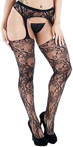 Black Womens lace crotchless thigh high stocking sexy fishnet tights suspender pantyhose