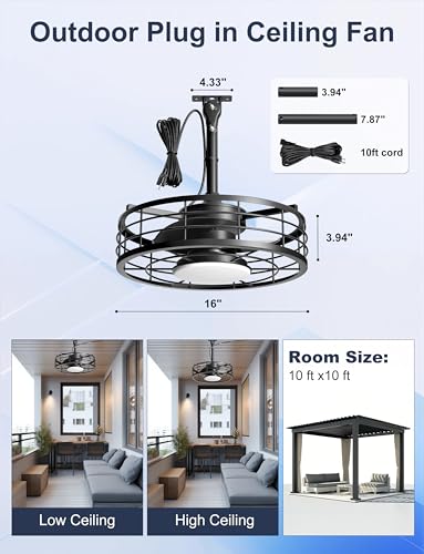 Phylluz Outdoor Ceiling Fan with Lights - 16'' Wet Rated Gazebo Fan Remote/APP Control, Caged Hanging Fan Plug and Play for Covered Patio Porch, Black