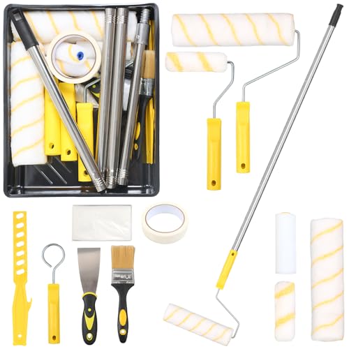 Gemsaya Paint Roller Set with Telescopic Rod, 20-Piece Painting Set with 1.5 m Telescopic Rod, 23 cm + 11 cm Painter's Roller, Brush, Scraper and Paint Tray, Paint Roller Wall Paint Roller for Wall Ceilings