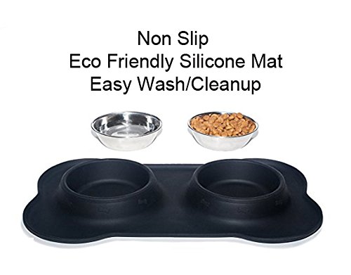 Nighthawk Small Dog | Cat Bowls Set of 2 Stainless Steel Bowls with Non-Skid & No Spill Silicone dish holder for small dogs cats puppies kitten, pet supplies DISH WASHER SAFE, Food Grade Silicone