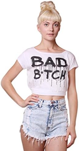 Pomelo Womens Jersey 'Bad Bitch' Short Sleeve Crop Top M White
