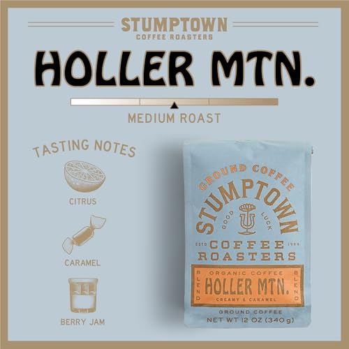 STUMPTOWN COFFEE ROASTERS, ORGANIC MEDIUM ROAST GROUND COFFEE – HOLLER MOUNTAIN 12 OUNCE BAG, FLAVOR NOTES OF CITRUS ZEST, CARAMEL AND HAZELNUT