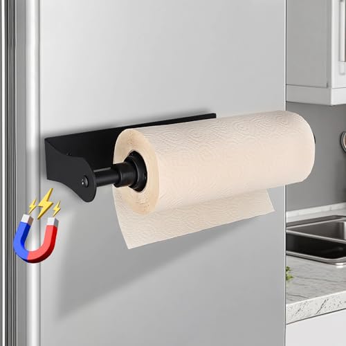 Magnetic Kitchen Roll Holder with Buffer Effect, One Hand Operation, Self Adhesive and No Drilling, Aluminum Alloy Kitchen Roll Holder for Kitchen, Refrigerator, Oven, Caravan, Garage (Black)