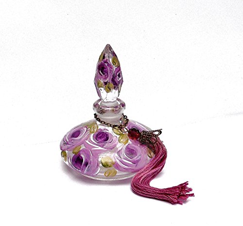 Small Glass Genie Refillable Empty Perfume Bottle with Stopper and Hand Painted Lavender Roses