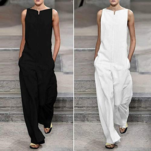 Corriee Jumpsuits for Women Casual Cotton Linen Solid Jumpsuit Sleeveless Wide Leg Loose Long Pant Romper Pockets Black
