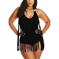 JIANLANPTT Pretty Women Retro Plus Size Padded One Piece Swimsuit Long Fringe XL,Black