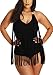 Pretty Plus Size Tassel Fringe Padded Bikini Bandeau One Piece Swimsuits, Black, Asian XXXL = US XXL