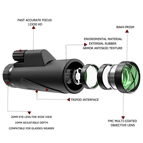 Monocular Telescope 12X50 High Power BAK4 Prism FMC Monocular with Smartphone Adaptor Tripod Waterproof Fog-Proof Shockproof Scope Carry Bag Compact for Adult Bird Watching Camping Hiking Hunting
