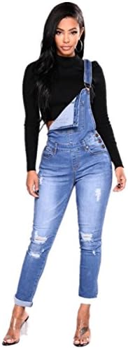 GALMINT Women's Fashion Plus Size Jumpsuit Long Pants Ripped Hole Bib Denim Overall Blue
