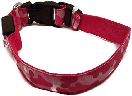 LED Dog Collars Camo Camouflage Pet Print Sizes Small Medium Large Pink Green Blue Orange Red Yellow 3 Modes Slow Fast Flashing Steady Lights Night Walking Safety Safely See Dark Traffic Battery Replace Flexible Washable
