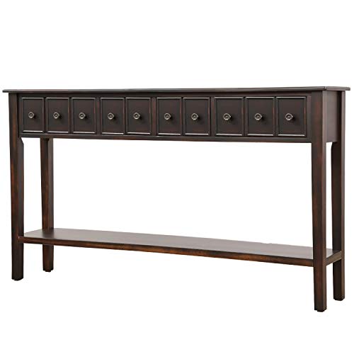 60 inch Long Sofa Console Table,JULYFOX 10 inch Slim Hallway Table with Storage Drawers and Shelf Solid Wood Rustic Entryway Table Heavy Duty for Living Room Office Bar-Black