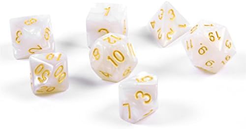 7x polyhedral cubes (dice set) for role and tabletop games in white including velvet bag