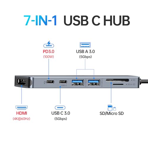 Selore&S-Global Selore USB C HUB Adapter, 7-in-1 Type C HUB Multiport Adapter with 4K HDMI, 100W PD, 3 USB Ports, SD/Micro SD Card Reader Compatible for Mac Dell HP