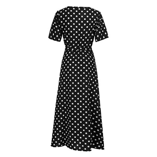 Kawaiine Women O-Neck Polka Dots Short Sleeve Beach Polka Dot Bandage Long Maxi Dress Black