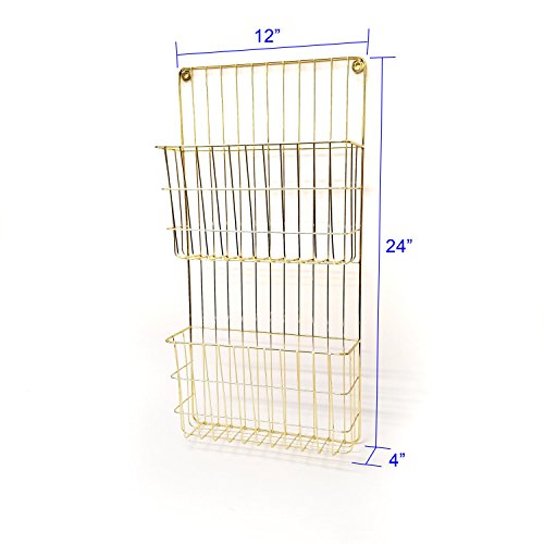 Two Tier Wall File Holder - Gold Finished Durable Metal Rack with Spacious Slots for Easy Organization, Mounts on Wall and Door for Office, Home, and Work - by Designstyles