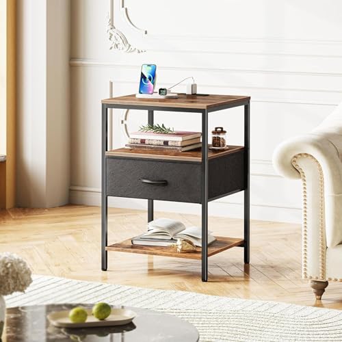 KAPEICamper Nightstand with Charging Station, Bed Side Table with Adjustable Fabric Drawer, Night Stand for Bedroom, 3-Tier Storage End Table, for Living Room, Rustic Brown and Black
