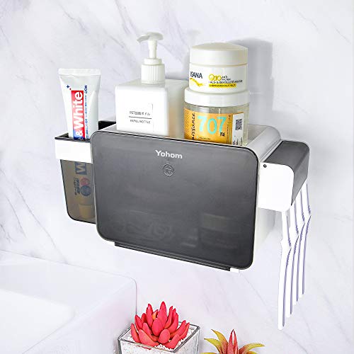 YOHOM Toothbrush Holder Wall Mounted Toothpaste Organizer for Shower Comb Razor Toiletry Multifunctional Bathroom Storage Caddy Set with Dustproof Cover No Drill - White & Black