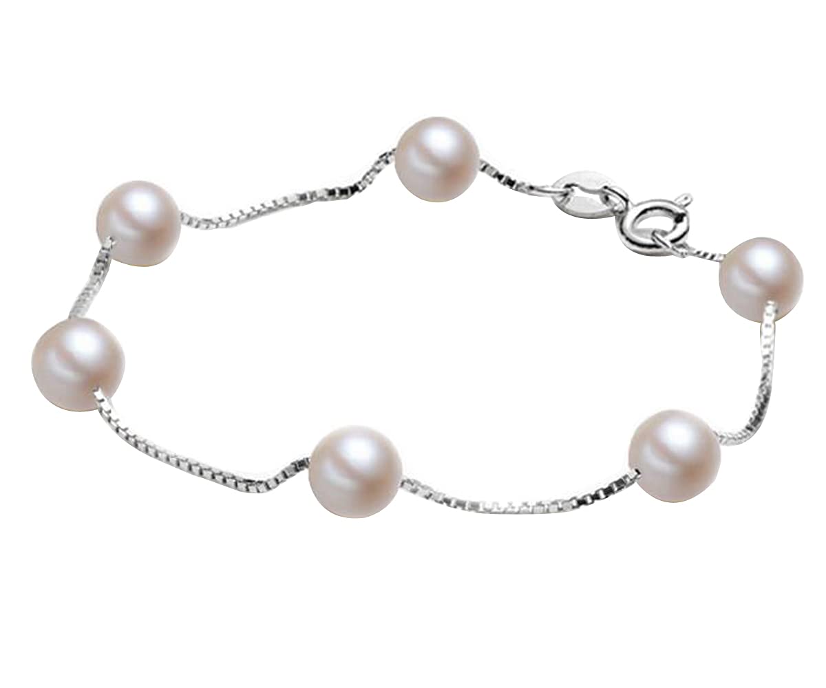 Caimeytie Women's Shell Pearls Bracelet with S925 Sterling Silver Chain Girls Gift