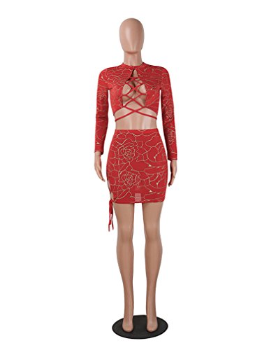 Halfword Womens Two Piece Lace Up Bodycon Crop Top Mini Skirt Sets Club Outfits Red S