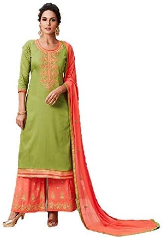 RIWAAYAT TRENDS Women's Cotton Silk Salwar Suit Material (RT_26_Mile_4_Parrot Green and Peach_Free size)
