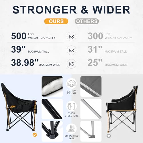 Oversized Camping Chairs for Adult - Heavy Duty Padded Portable Folding Chair XL Collapsible Camp Chair with Cup Holder Side Pocket for Outdoor Lawn Beach Sport Fishing Support 500LBS, Grey