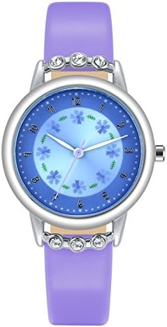 Girl's Wrist Watches Cute Diamonds Fashion Dress Watch for Kids Girls Purple Leather Band
