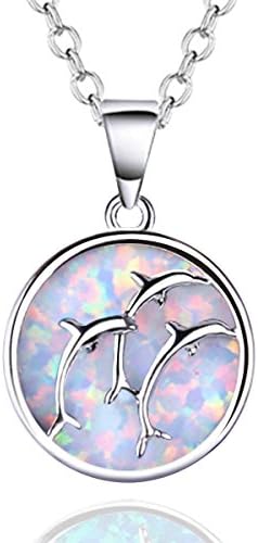 KELITCH 925-Sterling-Silver Circle White Created-Opal Dolphin Pendant Necklace for Women