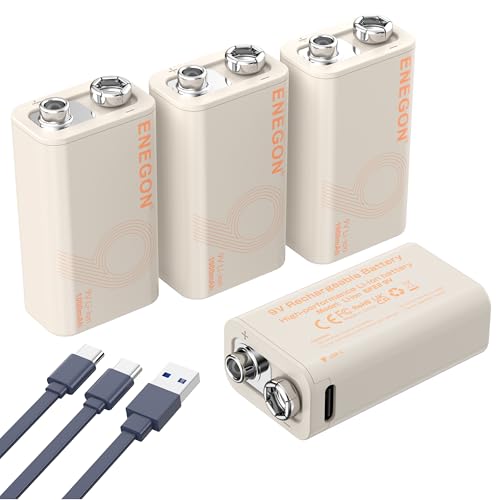 ENEGON 4 Pila 9V 1000 mAh Bateria 9V Recargable para Dispositivos de Precisión como Multímetros Portátiles, Detectores de Humo y Micrófonos, Incluye Cable de Datos Tipo C