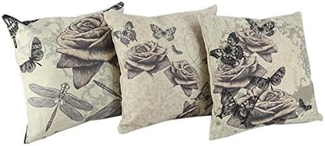 Mega TPC Home Decor Cotton Linen Square 3Pcs Pillowcase Set of 3 Vintage Butterflies Flowers Throw Pillow Sham Cushion Cover 18" x 18"