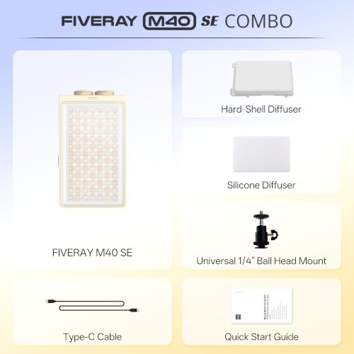 ZHIYUN FIVERAY M40 SE Combo [Official] LED Video Light, 17100 Lux, 2700–8500K, CRI≈95, TLCI ≥ 97, 84 LEDs, 250g, Portable Video Light for YouTube TikTok