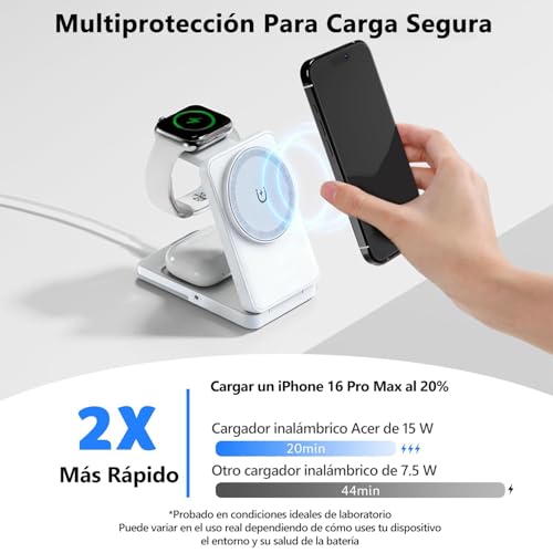 UZNOONL 3 en 1 Cargador Inalámbrico para iPhone - Plegable Portátil Cargador, 15W Adaptador de Corriente+1m Cable para iPhone 17 16 15 14 13 12 Serie, Apple Watch, AirPods (Blanco)