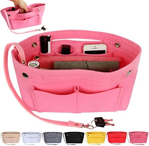 Joqixon Handbag Organiser Insert, Bag Insert with Handles Keychain, Felt Bag Organiser Insert Handbag Liner Tote Insert Travel Purse, Small
