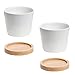 Set of 2 Modern White Ceramic Succulent Planter Pots / Mini Flower Plant Containers with Bamboo Saucers